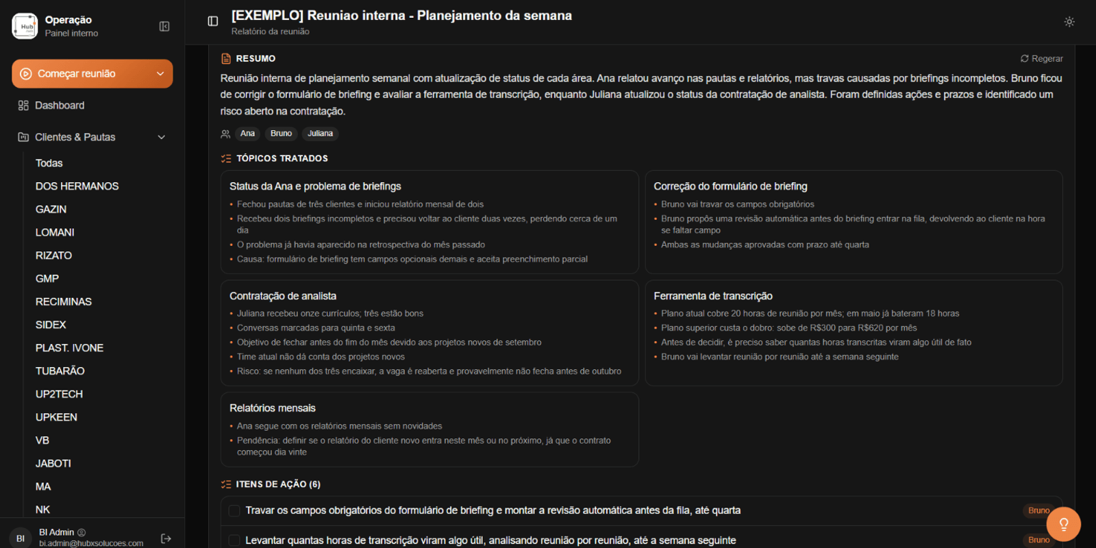 Gesthor: Ata da reunião com resumo, tópicos e itens de ação