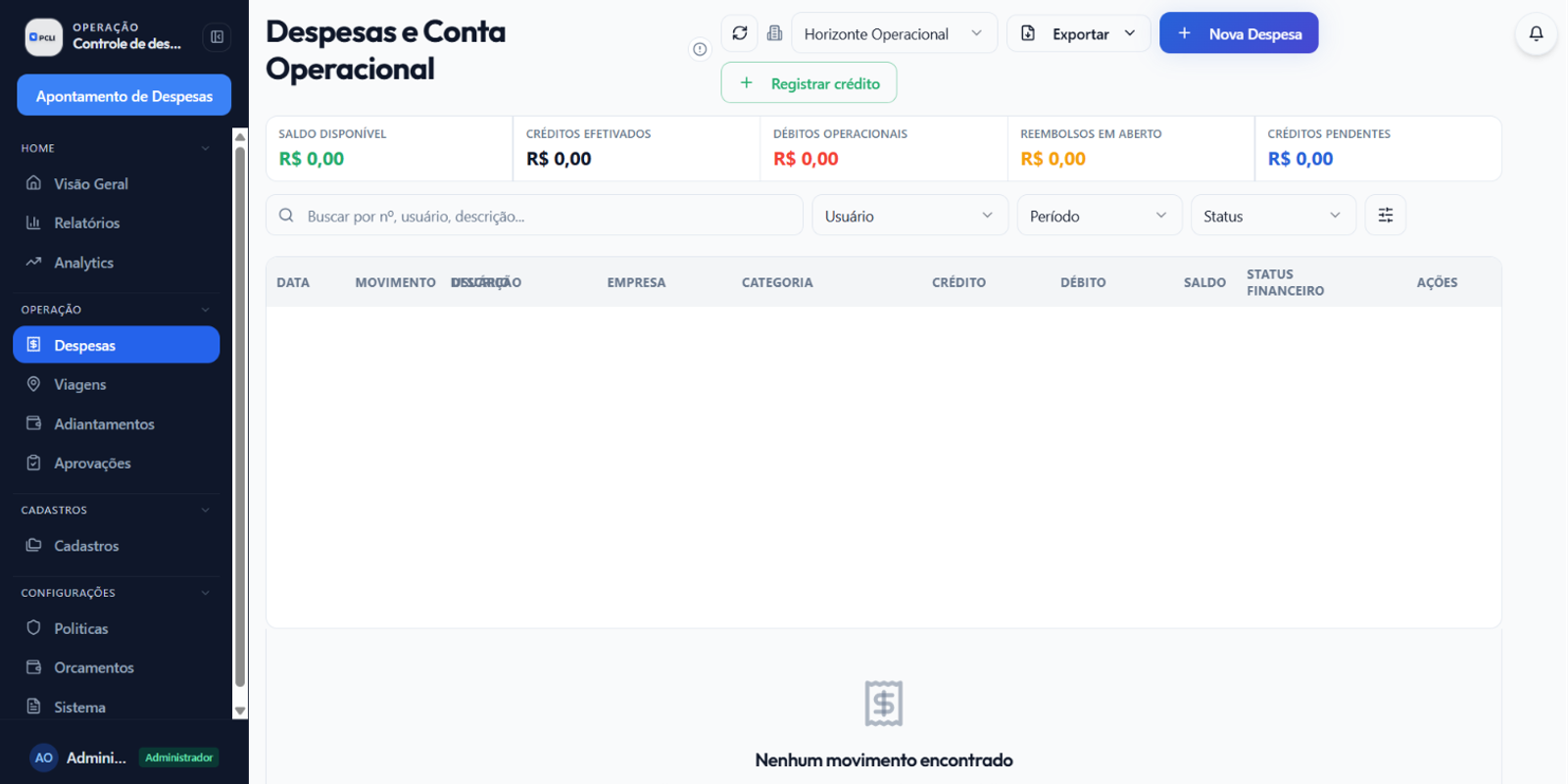 OpsDespesas: Conta operacional com créditos, débitos e reembolsos